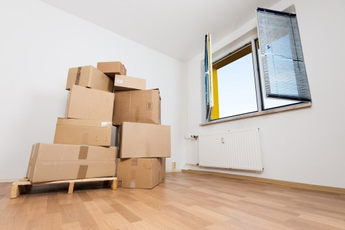 Packed student belongings ready for collection during a Fulham move