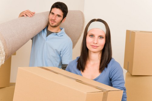 Packed household boxes ready for a local house move in Fulham